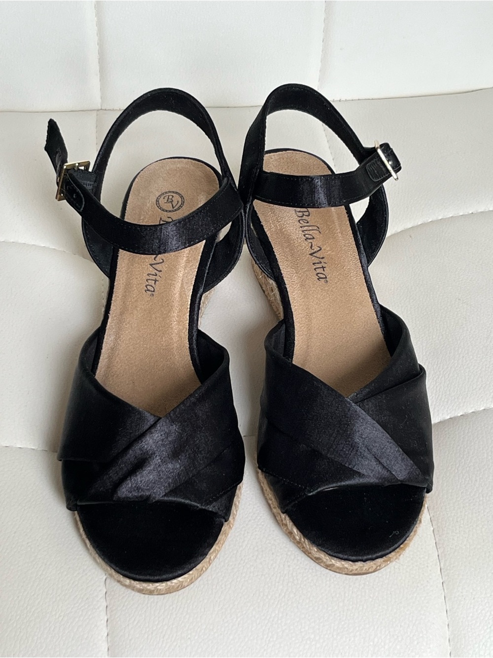 Bella Vita Black Silk Crisscross Wedge Sandals